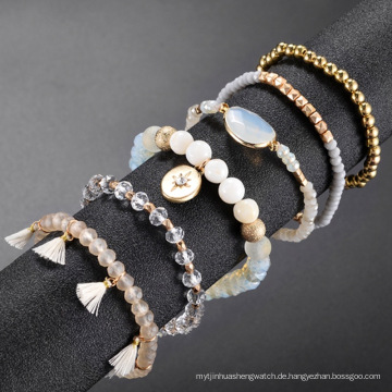 Neues trendiges Opal-Perlen-Armband mit Sechs-Punkte-Stern Hexagramm-Anhänger-Strech-Armband 6-teiliges Set für Frauen